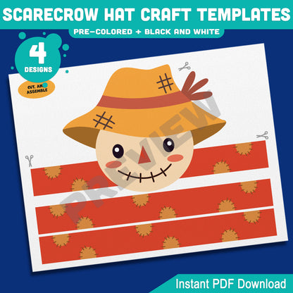 Scarecrow Hat Craft Templates, Autumn Paper Crown, Printable Headband & Hat, Pre-Colored and Black & White, Fall Craft, 4 Designs, A4, US Letter