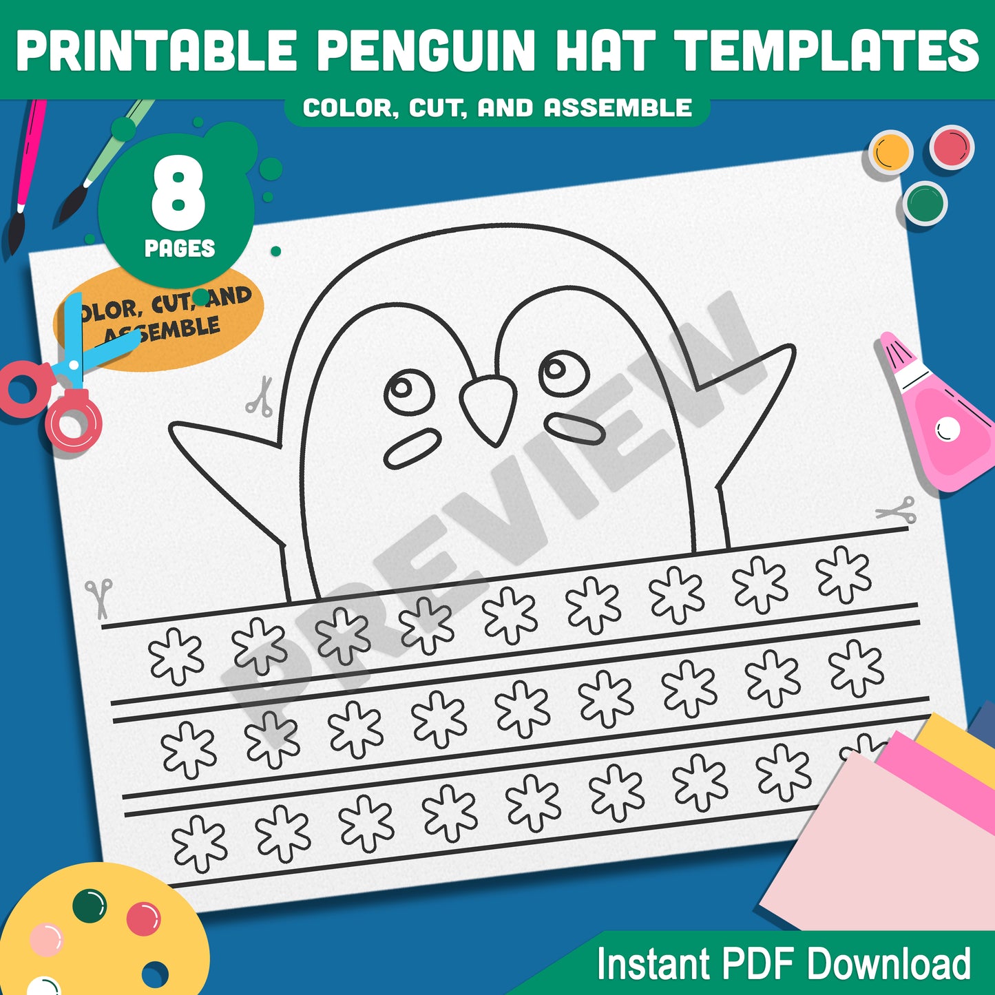 Printable Penguin Crown Craft Templates: 4 Winter-Themed Designs for Kids to Color, Cut, and Assemble, Includes Black & White, Instant Download.