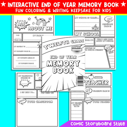 Printable Twelfth Grade Memory Book (12th Grade), Creative End-of-Year Activity for Teens, 24 Comic-Style Pages, PDF Format