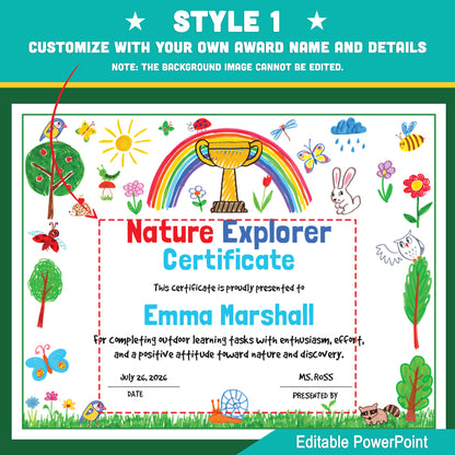 Editable Nature Explorer Certificates – 2 Styles, Nature-themed Awards with Photo Spots