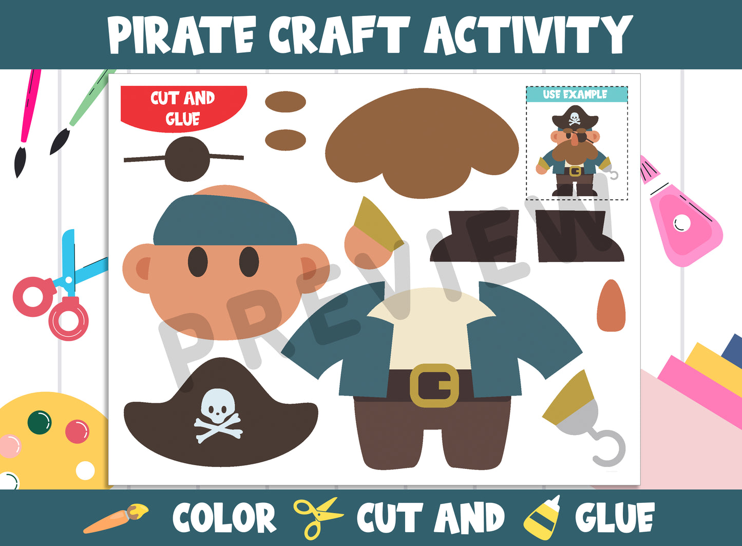 Pirate Craft Activity - Color, Cut, and Glue for PreK to 2nd Grade, PDF File, Instant Download