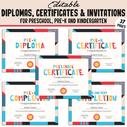 Editable End of the Year Certificates, Diplomas & Invitations for Kindergarten, PreK, Preschool, 37 Customizable PDF Pages, Instant Download