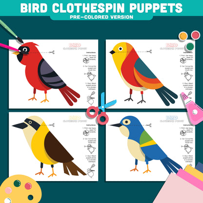 Bird Clothespin Puppets, Color Cut and Play Bird Activity, Printable Nature Craft, Instant PDF Download