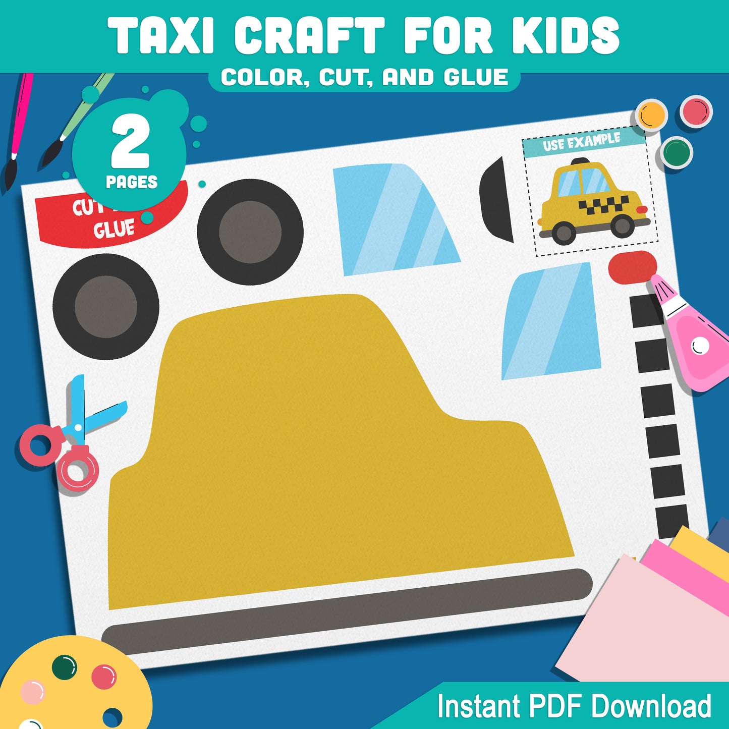 DIY Taxi Paper Craft: Easy Color, Cut, and Glue Activity for PreK to 2nd Grade, Perfect for Transportation Theme Lessons, PDF Download