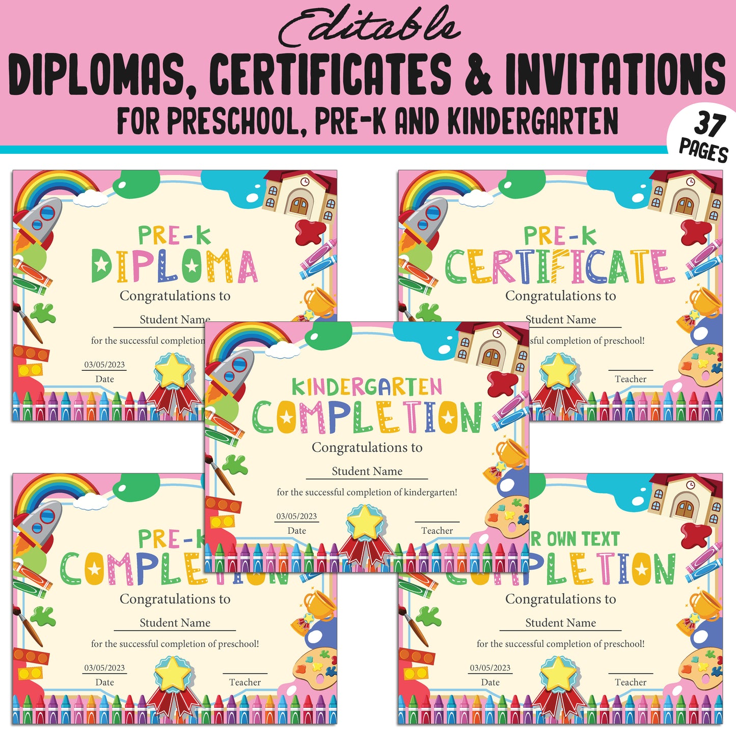 Editable Preschool, Pre-K, and Kindergarten Diplomas, Certificates, and Invitations – 37 Customizable PDF Pages, Instant Download