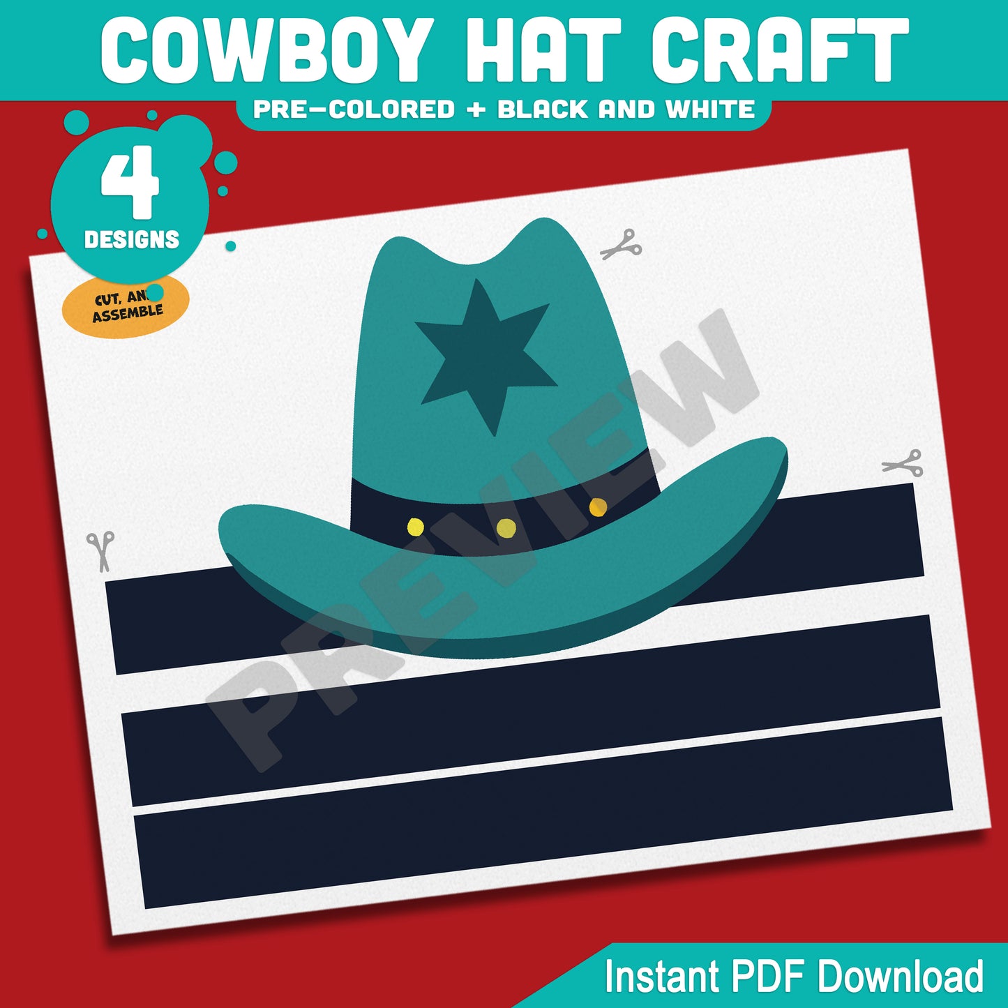 Cowboy Hat Craft, Wild West Headband Activity, Cowgirl & Cowboy Coloring Template, Summer Fun Printable, PDF Download