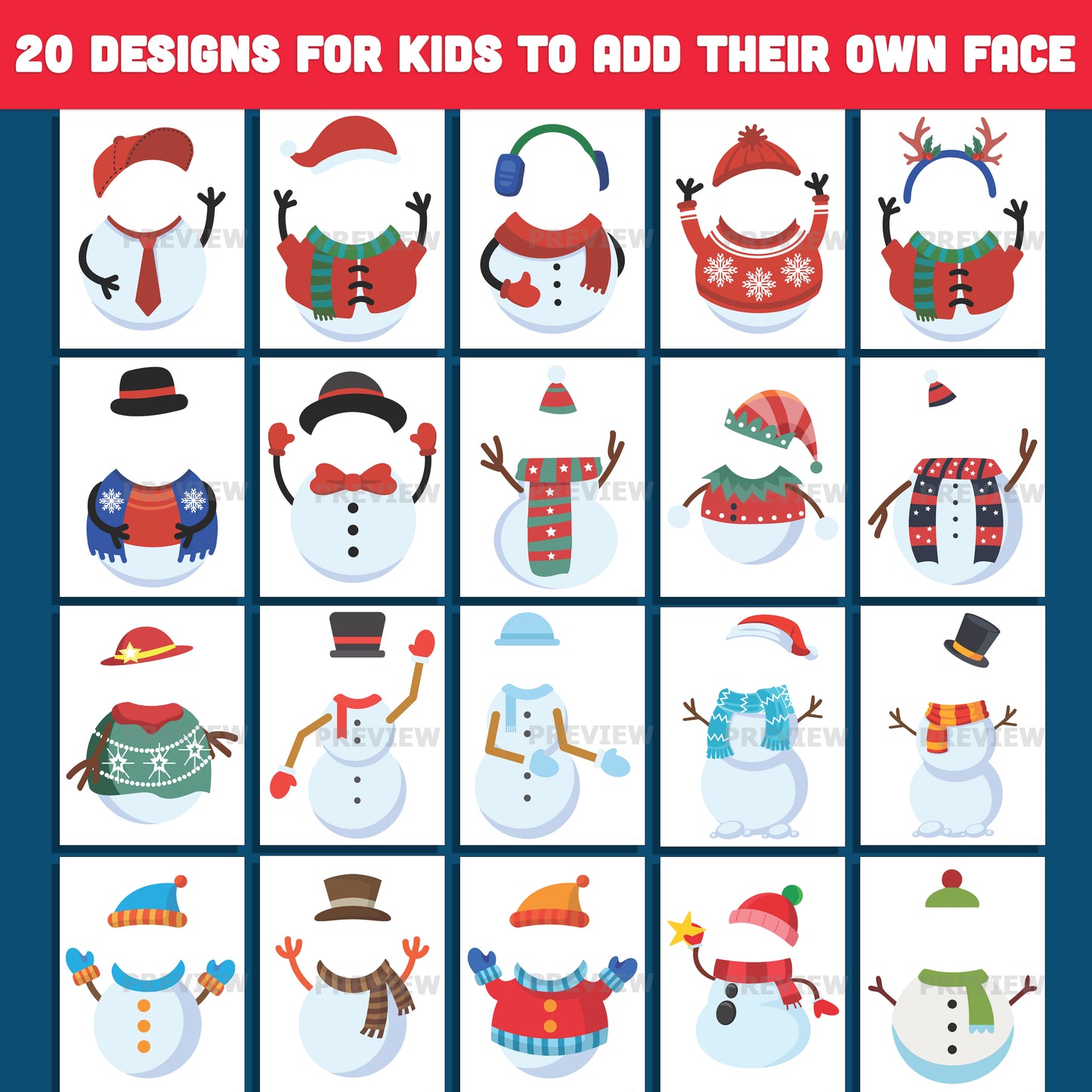 Add Your Face Snowman – Snowman Printable Body Templates, 20 Designs, High-Resolution PDF + PNG Files for Christmas Crafts, Home Projects, and School Activities