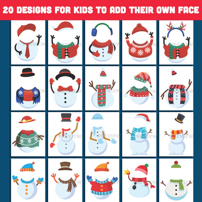 Add Your Face Snowman – Snowman Printable Body Templates, 20 Designs, High-Resolution PDF + PNG Files for Christmas Crafts, Home Projects, and School Activities