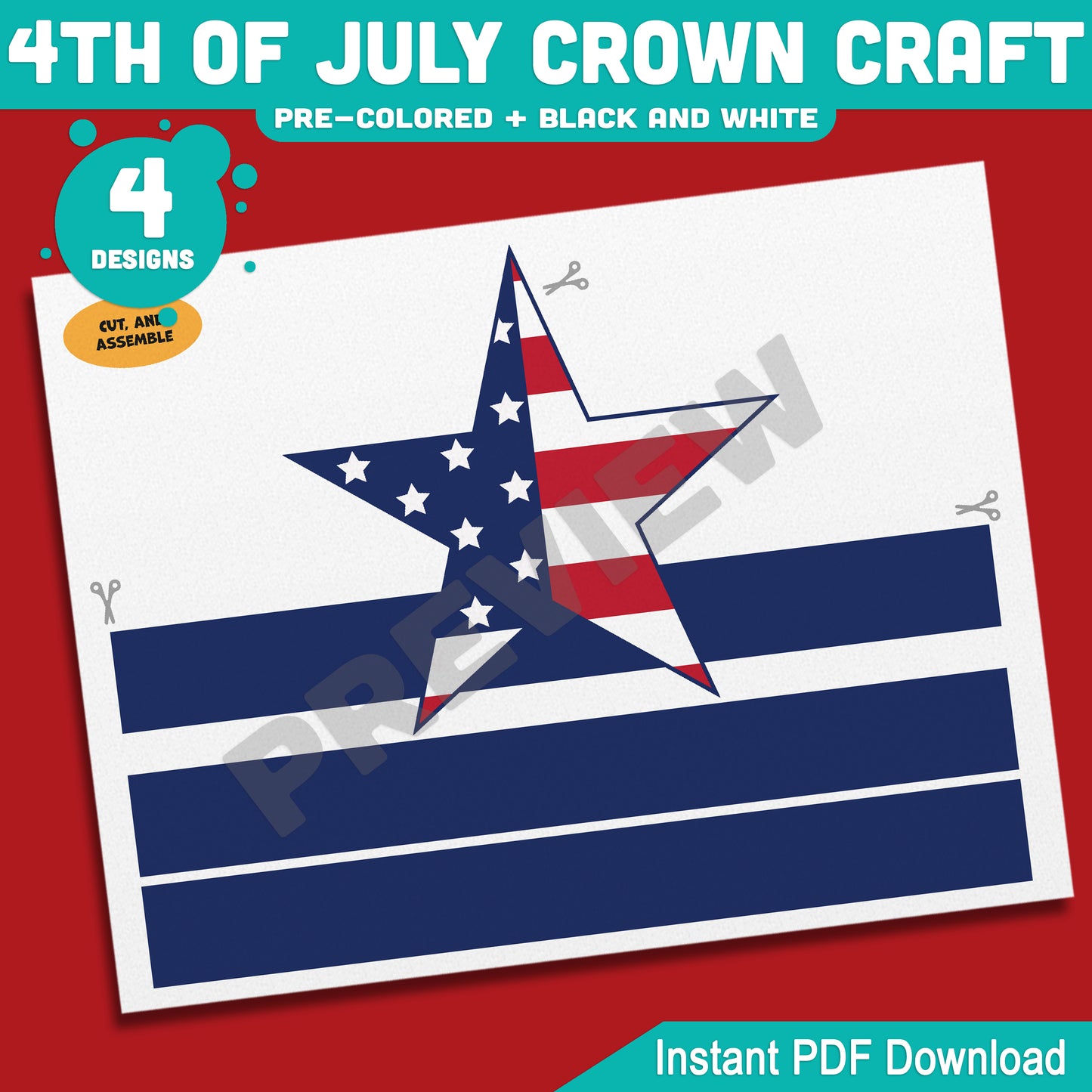 4th of July Crown Craft, Printable Holiday Headband Activity for Kids, Patriotic Coloring and Wearable Crown Templates