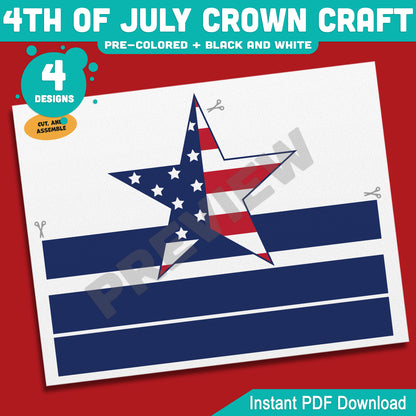 4th of July Crown Craft, Printable Holiday Headband Activity for Kids, Patriotic Coloring and Wearable Crown Templates