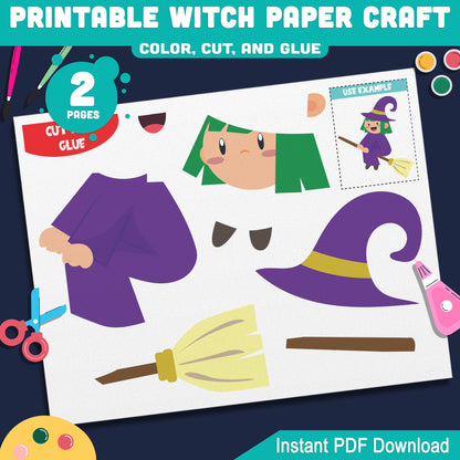 Printable Witch Paper Craft – Easy Color, Cut & Glue Halloween Activity for Preschool, Pre-K, Kindergarten, Perfect for Fine Motor Skills Practice