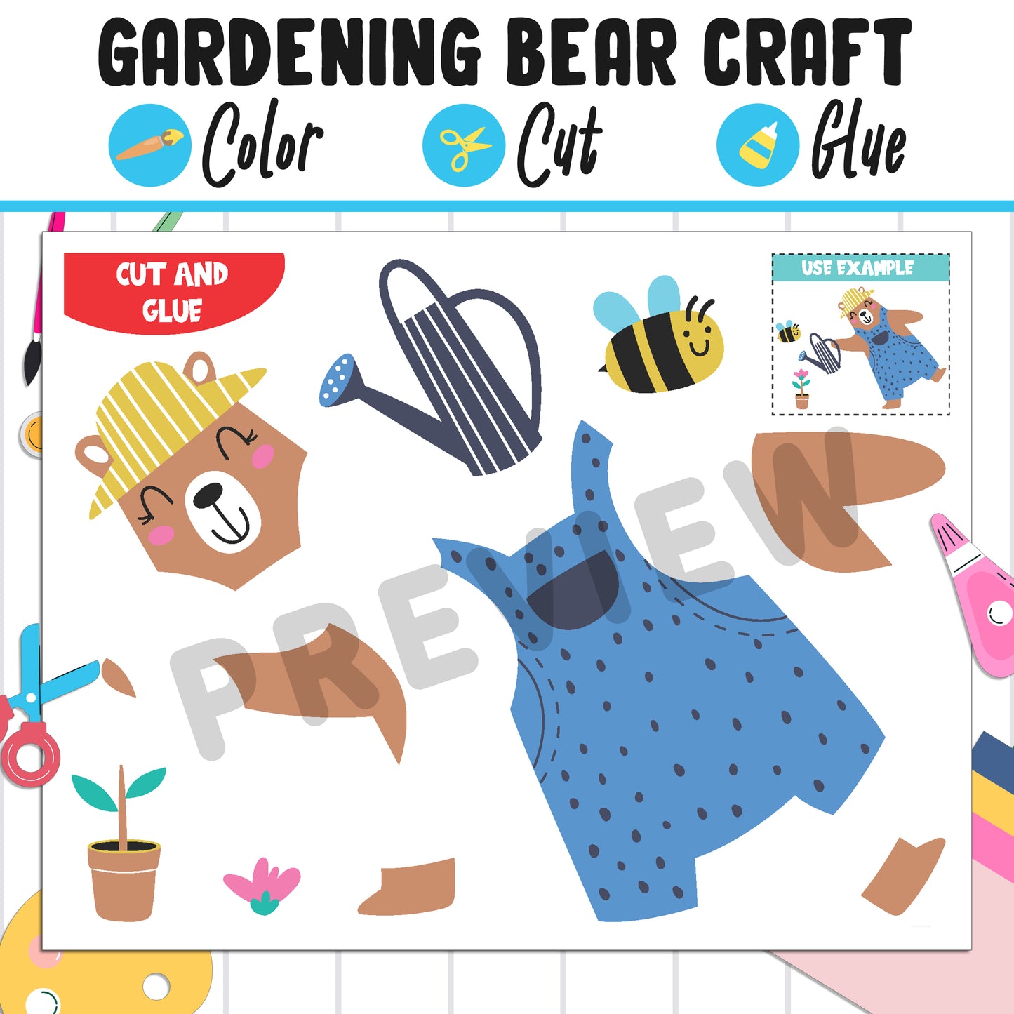 Gardening Bear Craft for Kids: Color, Cut, and Glue, a Fun Activity for Pre K to 2nd Grade, PDF Instant Download