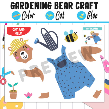 Gardening Bear Craft for Kids: Color, Cut, and Glue, a Fun Activity for Pre K to 2nd Grade, PDF Instant Download