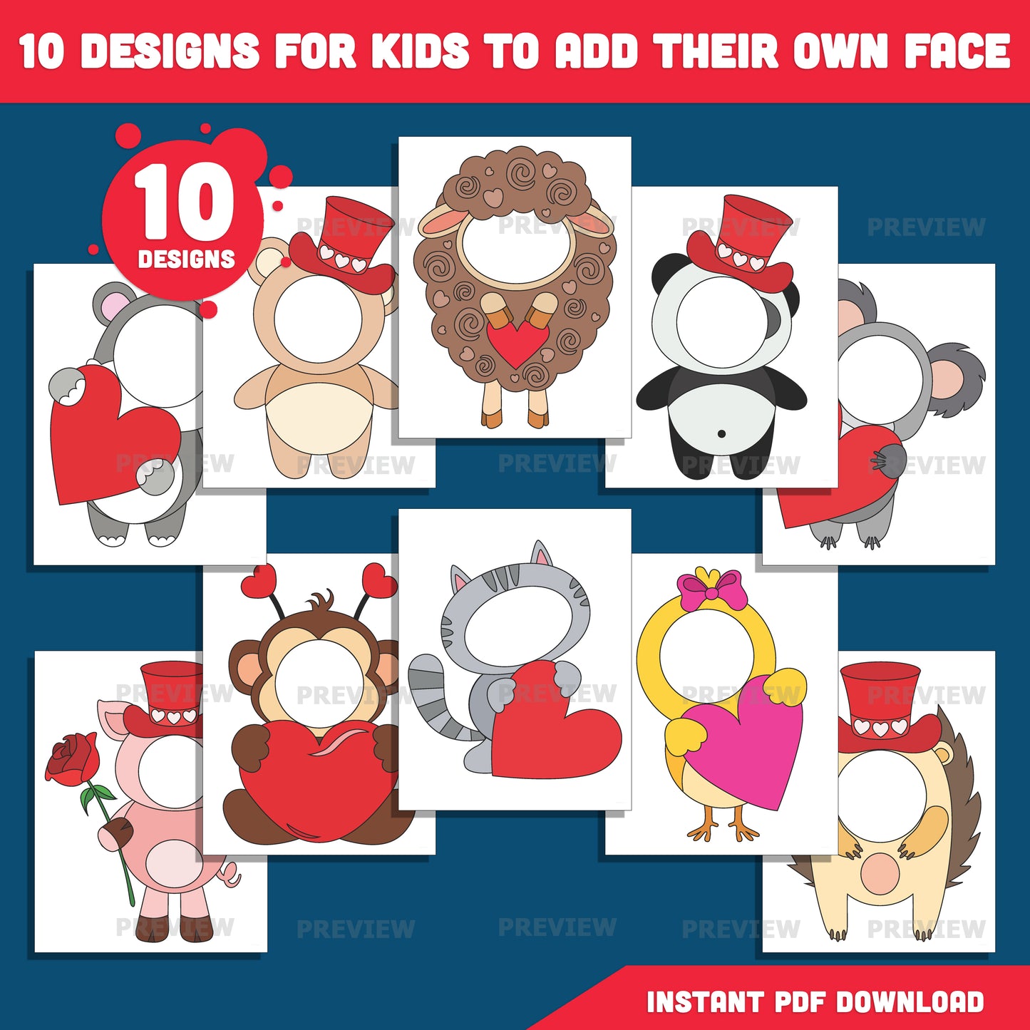 Valentine Animal Body Templates – Add Your Own Face Craft with Coloring Pages, Valentine Art Activity for Kids, 10 Designs, PDF & PNG