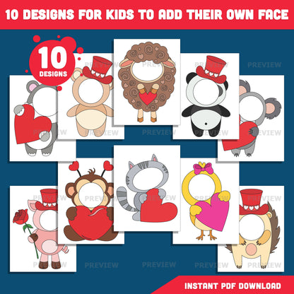 Valentine Animal Body Templates – Add Your Own Face Craft with Coloring Pages, Valentine Art Activity for Kids, 10 Designs, PDF & PNG