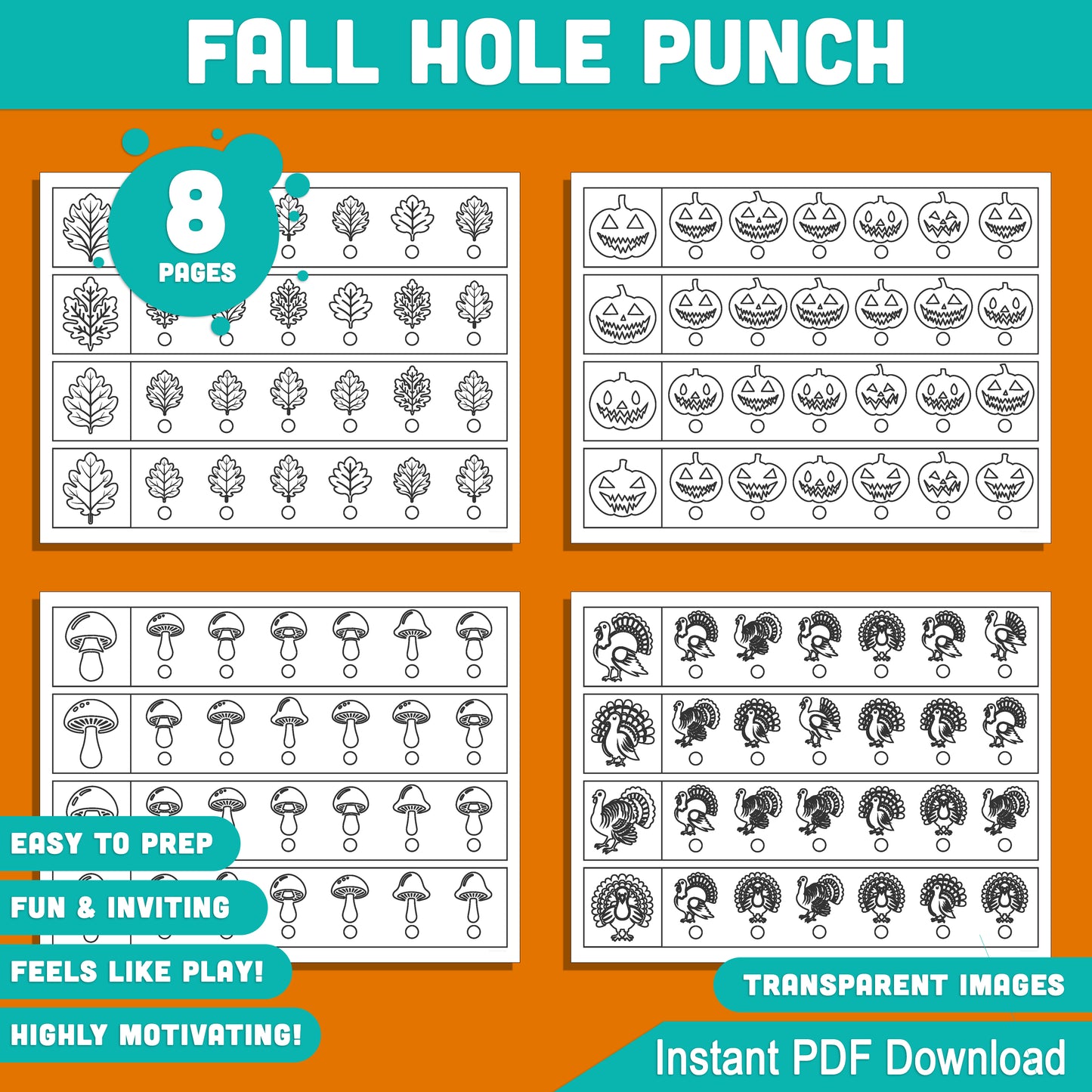 Fall-Themed Hole Punch Activity for Kids: 8 Printable Pages with 4 Strips Each, Ideal for Fine Motor Skills Practice, Fun and Engaging PDF Instant Download