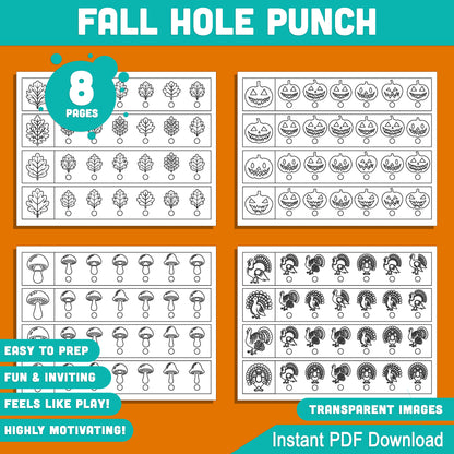 Fall-Themed Hole Punch Activity for Kids: 8 Printable Pages with 4 Strips Each, Ideal for Fine Motor Skills Practice, Fun and Engaging PDF Instant Download