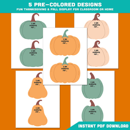 Printable Thankful Pumpkin Crafts – 5 Cute Designs (Pre-Colored + Black & White), Thanksgiving Gratitude and Fall Coloring Activity for Kids, PDF Instant Download