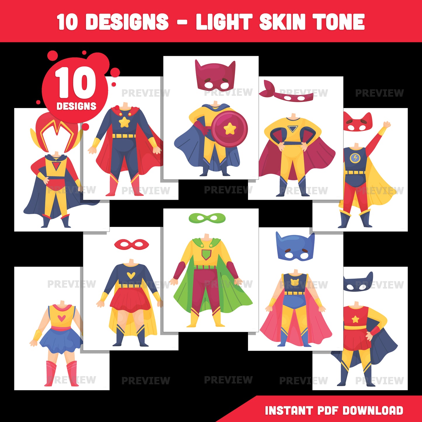 Printable Superhero Body Cutouts – Add Your Own Face Kids Craft Activity, Coloring Version Included, 10 Unique Designs, PDF + PNG Files