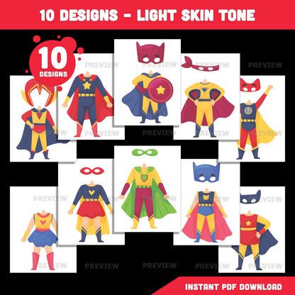 Printable Superhero Body Cutouts – Add Your Own Face Kids Craft Activity, Coloring Version Included, 10 Unique Designs, PDF + PNG Files
