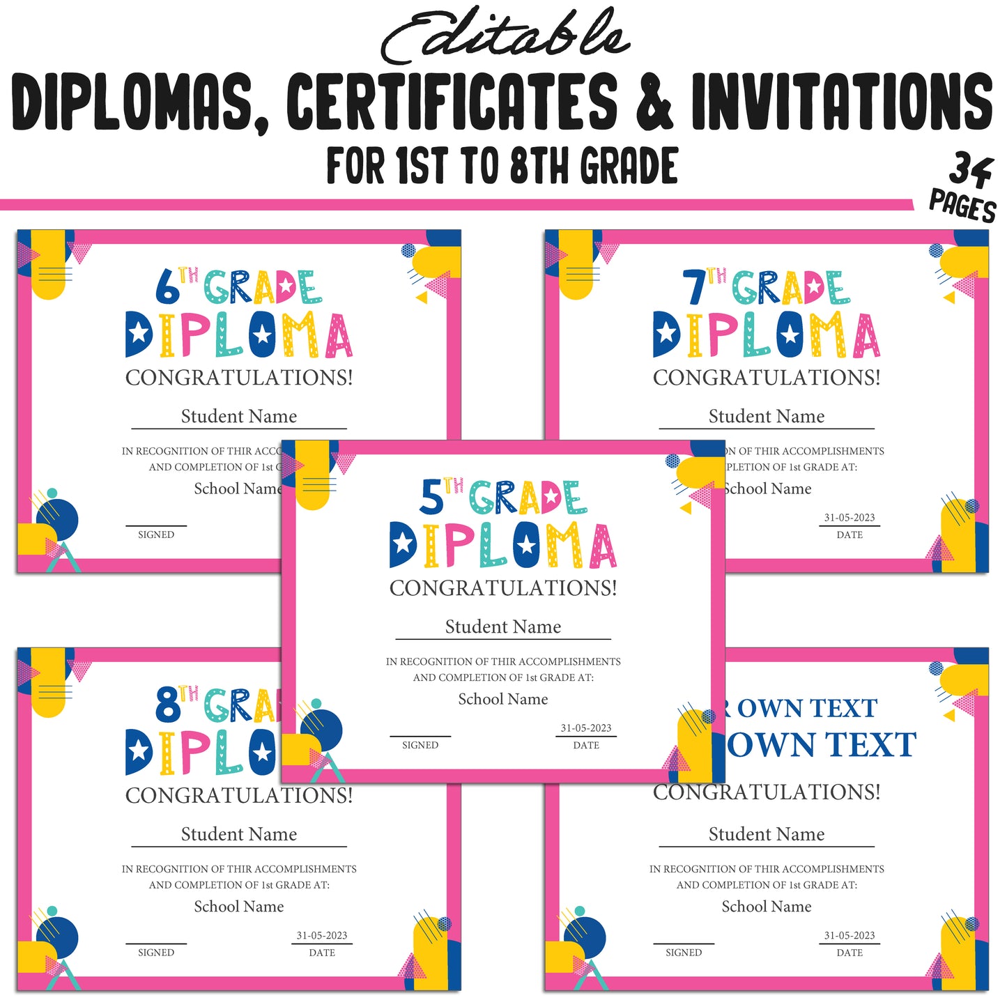 Editable Diploma for 1st Graders, 1st-8th Grade Graduation Certificates & Invitation Templates in a Flat Modern Theme - PDF Instant Download