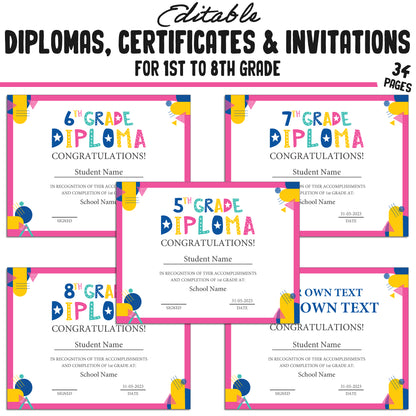 Editable Diploma for 1st Graders, 1st-8th Grade Graduation Certificates & Invitation Templates in a Flat Modern Theme - PDF Instant Download