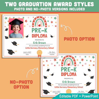 Editable Pre-K Graduation Diploma & Certificate Set, Retro Rainbow Stars Theme, Printable Awards, Photo or No-Photo Options, PDF, PowerPoint