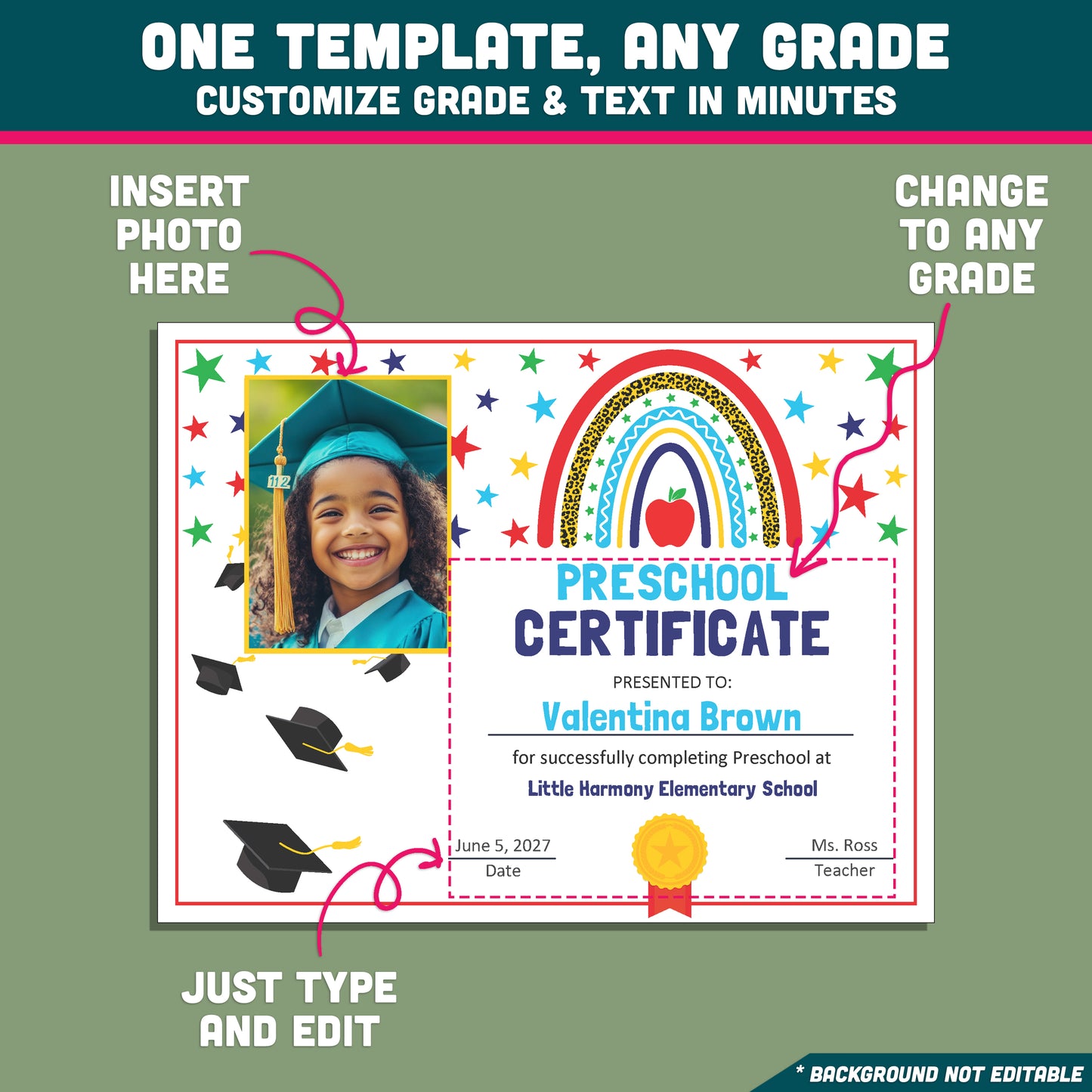 Editable Colorful Graduation Certificates, Bright Student Award Templates, PDF and PowerPoint, Photo and No-Photo Styles