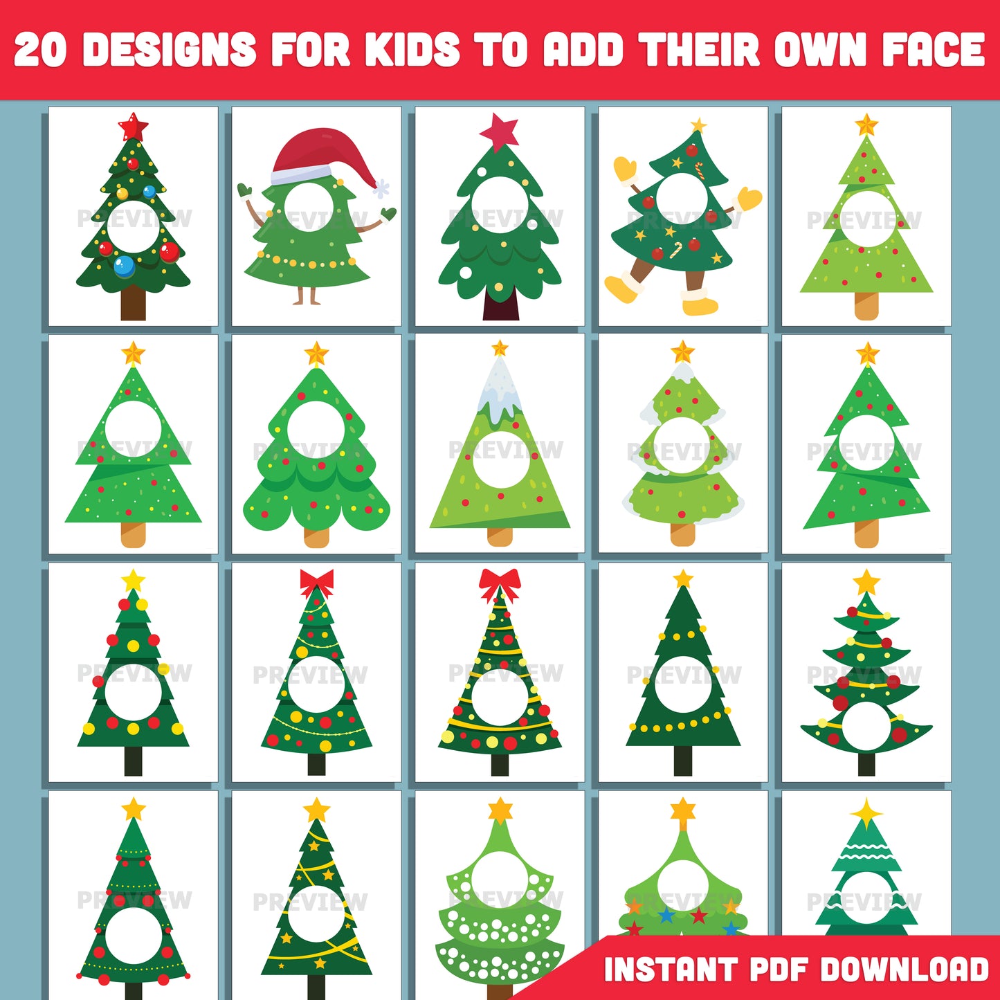 Printable Christmas Tree Body Templates for Kids, 20 Fun Designs, High-Resolution PDF + PNG, Add Your Own Face Craft, Great for Classroom or Home