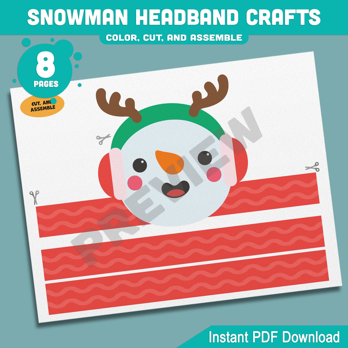 Printable Snowman Headband Crafts, Christmas Crown and Paper Hat Activity, Cut, Color & Assemble, Winter Craft for Kids, 4 Designs, Pre-color + Black & White, PDF Download