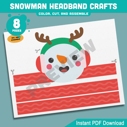 Printable Snowman Headband Crafts, Christmas Crown and Paper Hat Activity, Cut, Color & Assemble, Winter Craft for Kids, 4 Designs, Pre-color + Black & White, PDF Download
