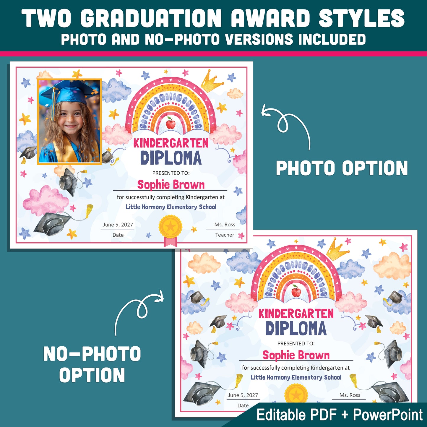 Kindergarten Graduation Certificate, Printable Rainbow Awards for End of School Year Celebration, Editable Kindergarten Keepsake Set Photo and No Photo, PDF PowerPoint