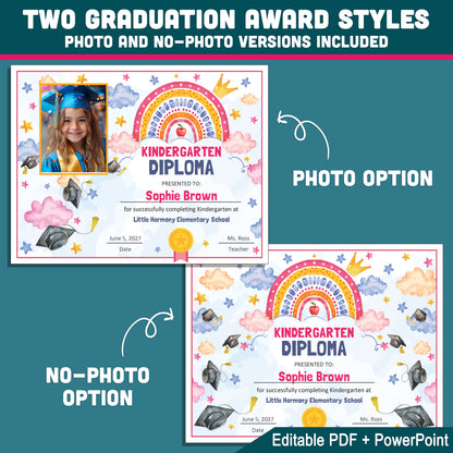 Kindergarten Graduation Certificate, Printable Rainbow Awards for End of School Year Celebration, Editable Kindergarten Keepsake Set Photo and No Photo, PDF PowerPoint