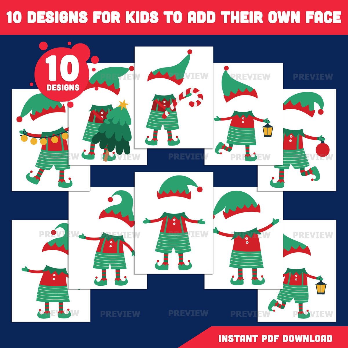 Christmas Elf Templates, Printable Face Craft for Kids, PDF + PNG, Coloring Version