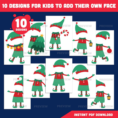 Christmas Elf Templates, Printable Face Craft for Kids, PDF + PNG, Coloring Version