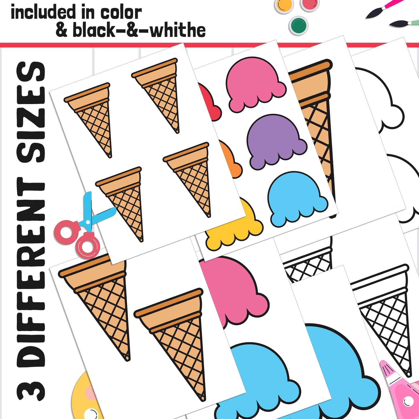 Summer Ice Cream Name Craft Activity: Back to School Bulletin Board, 59 Pages, 3 Sizes, Blank & Editable, Color and Black-and-White Versions
