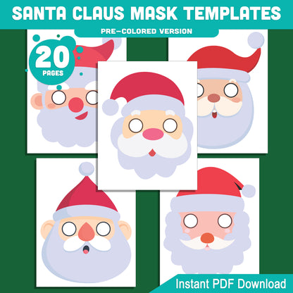 Printable Santa Claus Mask Templates: Fun Christmas Craft for Kids, 10 Designs, 20 Pages (Pre-Colored + Black and White), Perfect for Classroom or Home, PDF