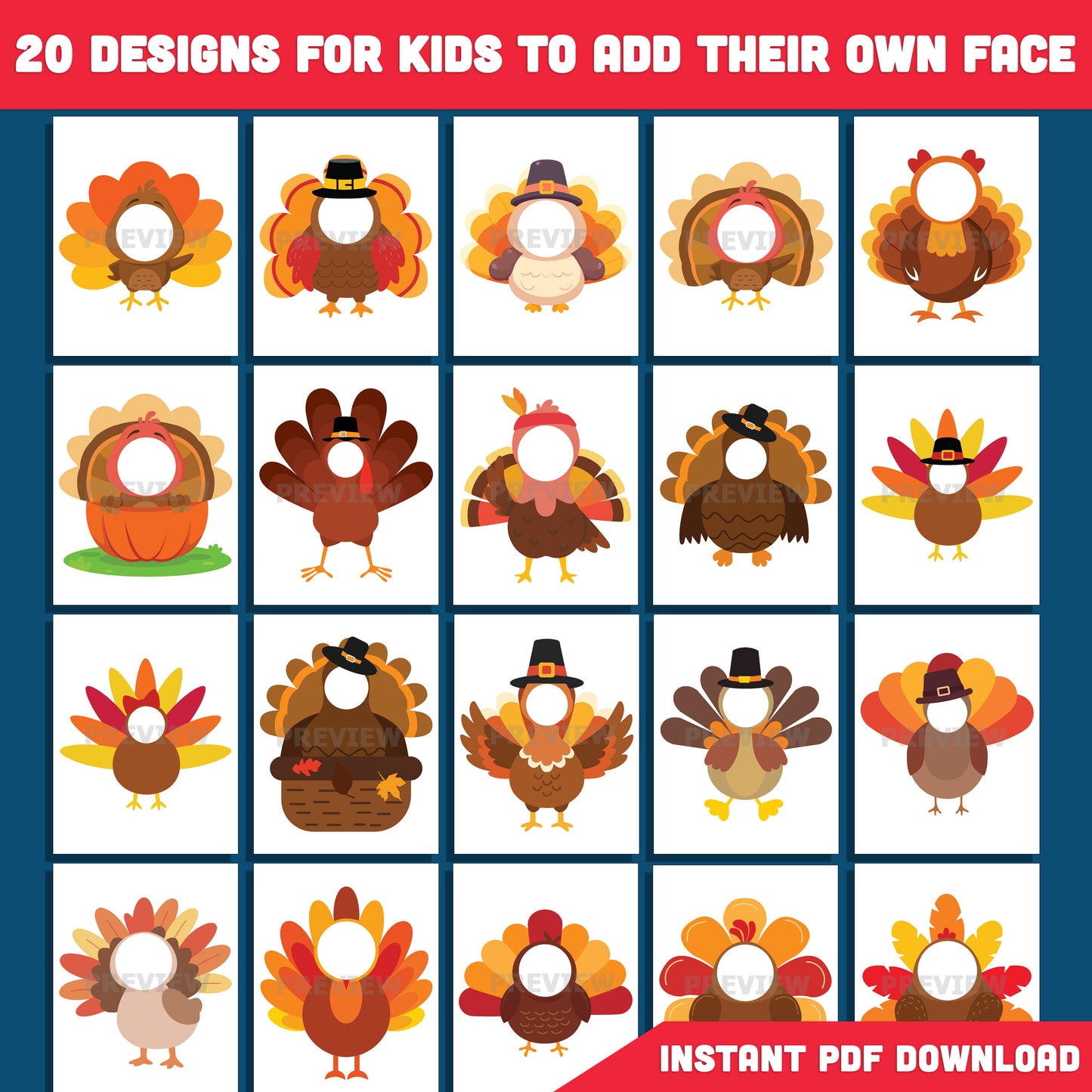 Printable Thanksgiving Turkey Body Templates for Kids, 20 Cute Fall Crafts, High Resolution 300 DPI PDF + PNG Files, Fun Add Your Own Face Activity, Instant Download