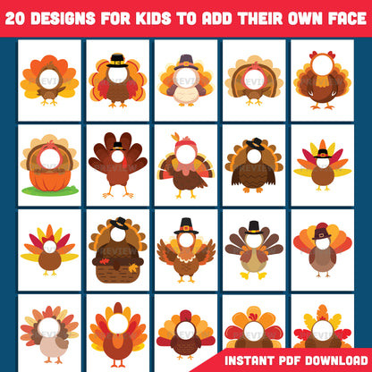 Printable Thanksgiving Turkey Body Templates for Kids, 20 Cute Fall Crafts, High Resolution 300 DPI PDF + PNG Files, Fun Add Your Own Face Activity, Instant Download
