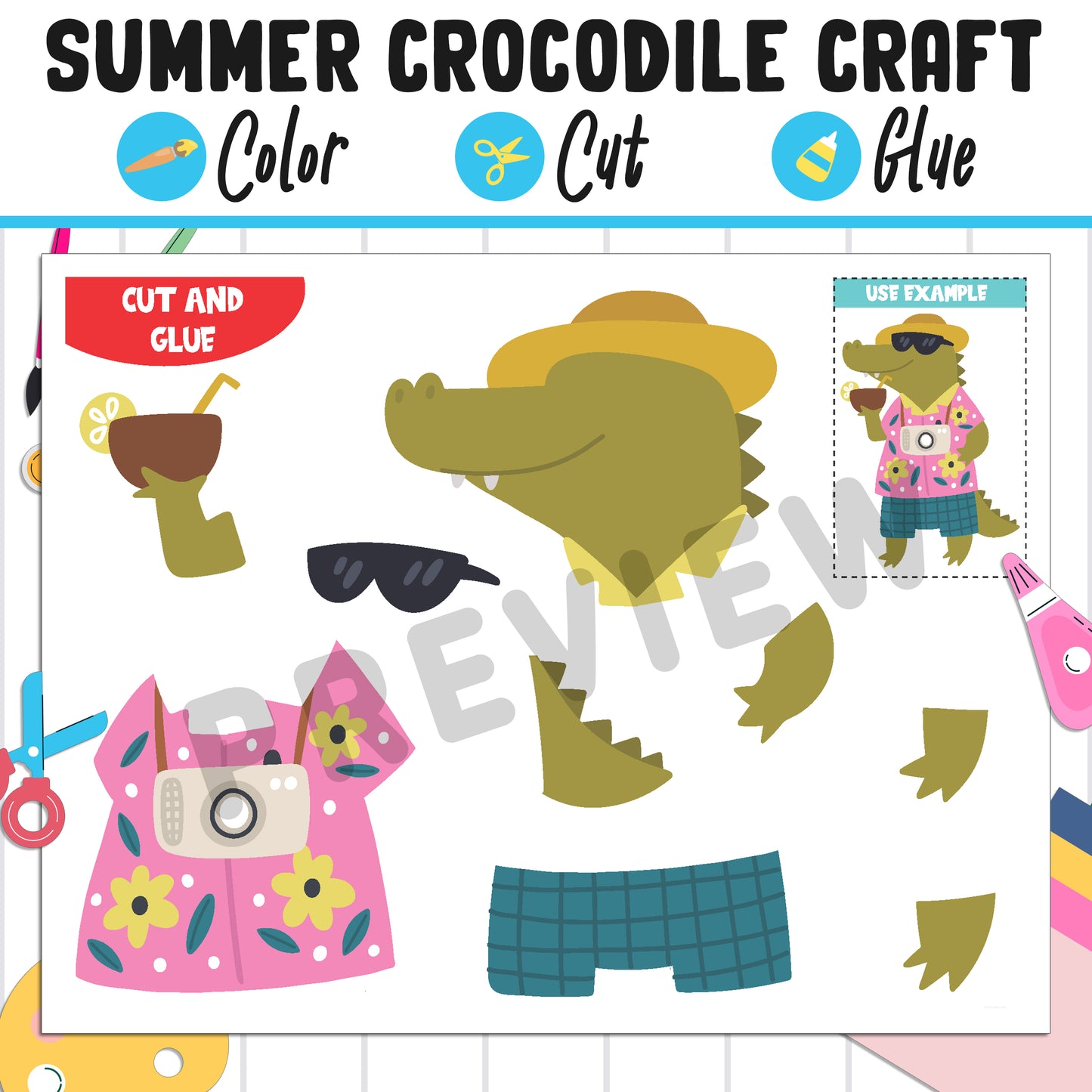 Summer Crocodile Craft for Kids: Color, Cut, and Glue, a Fun Activity for Pre K to 2nd Grade, PDF Instant Download