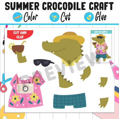 Summer Crocodile Craft for Kids: Color, Cut, and Glue, a Fun Activity for Pre K to 2nd Grade, PDF Instant Download