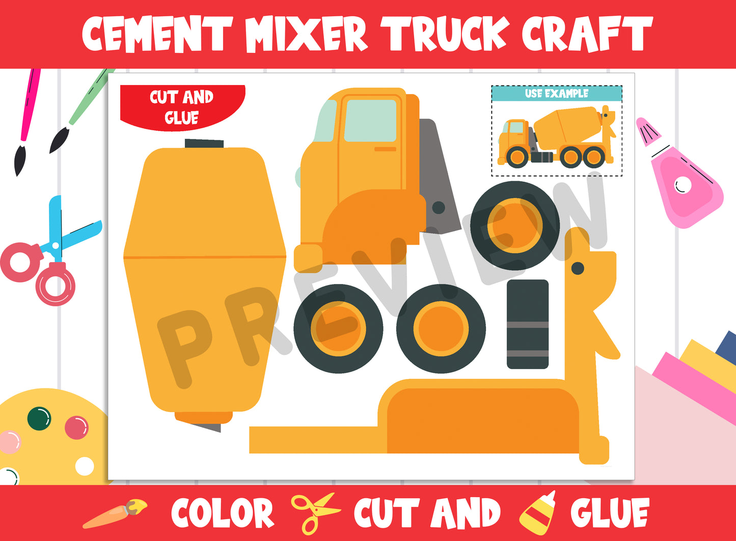 Construction Vehicle : Cement Mixer Truck Craft Activity - Color, Cut, and Glue for PreK to 2nd Grade, PDF File, Instant Download