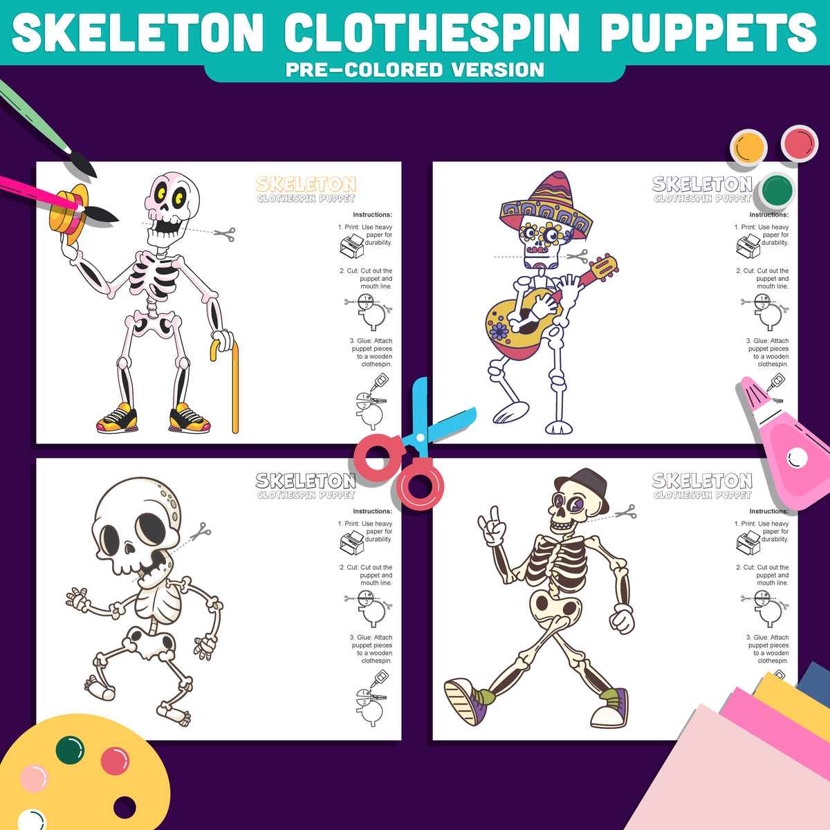 Halloween Skeleton Clothespin Puppets, Printable Craft for Kids