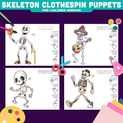 Halloween Skeleton Clothespin Puppets, Printable Craft for Kids