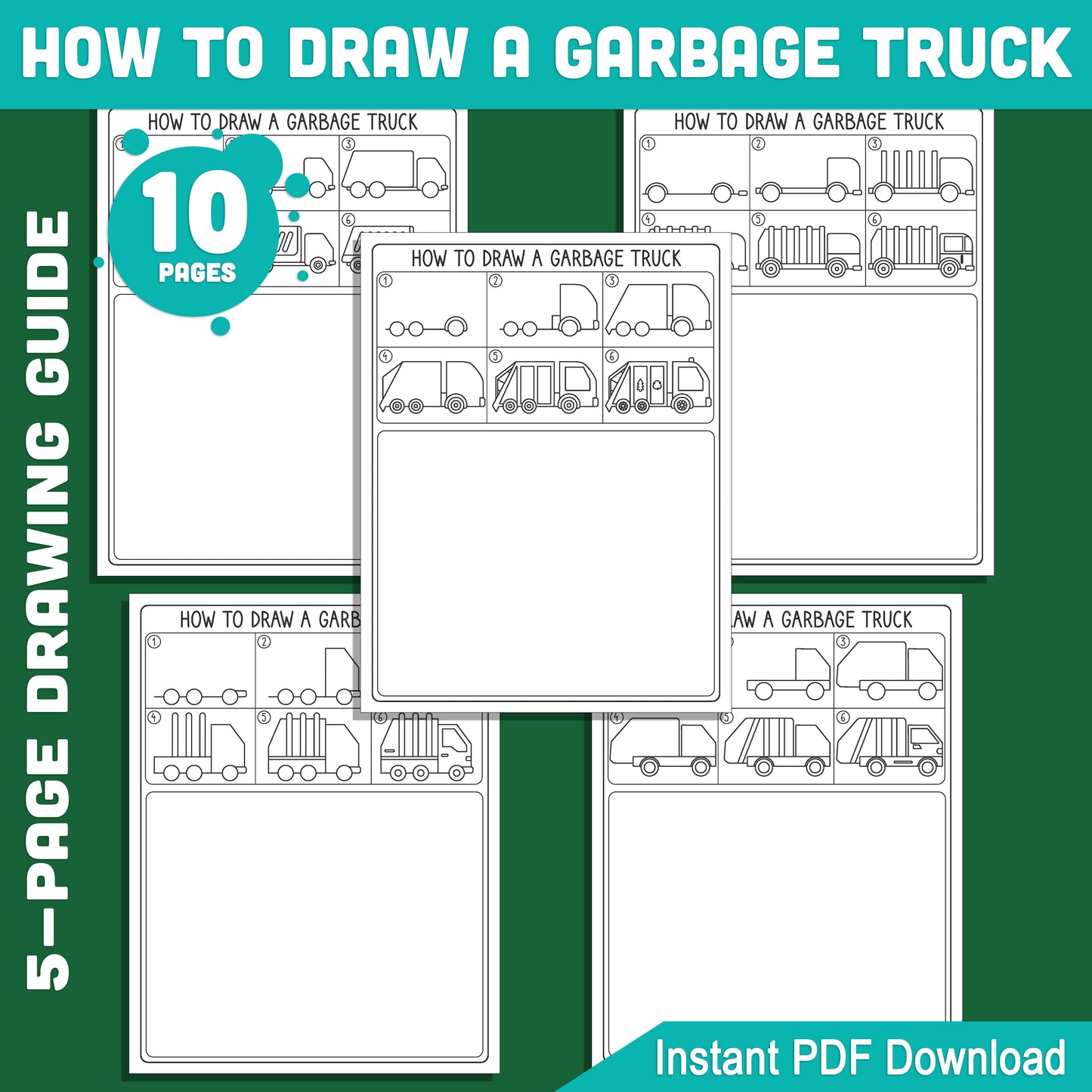 Garbage Truck Drawing for Kids: 5-Page Step-by-Step Guide with 5 Fun Coloring Pages, Creative Learning Activity, PDF Instant Download!