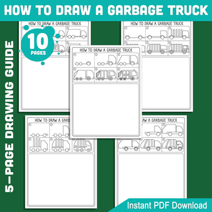 Garbage Truck Drawing for Kids: 5-Page Step-by-Step Guide with 5 Fun Coloring Pages, Creative Learning Activity, PDF Instant Download!