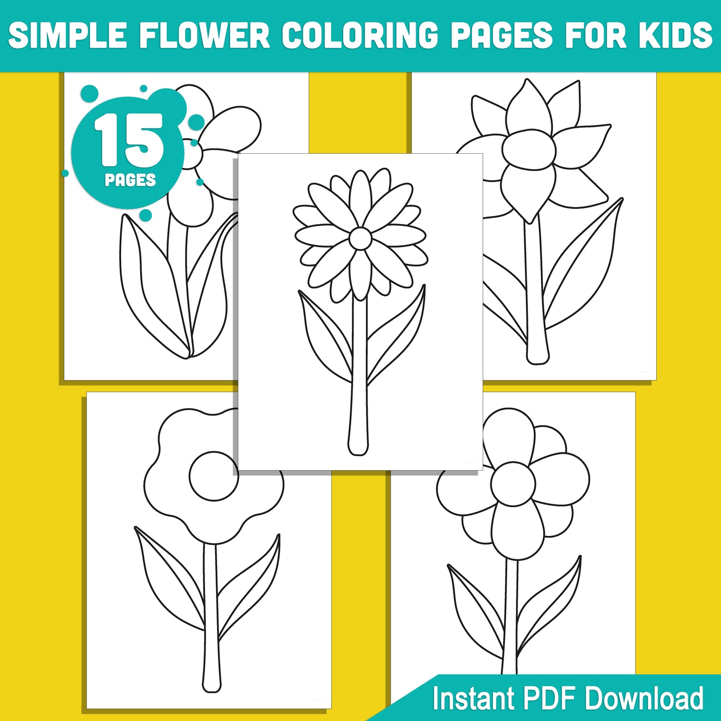 15 Simple Flower Coloring Pages for Kids: Fun and Engaging Designs, Ideal for Young Artists in Preschool and Kindergarten, Instant PDF Download