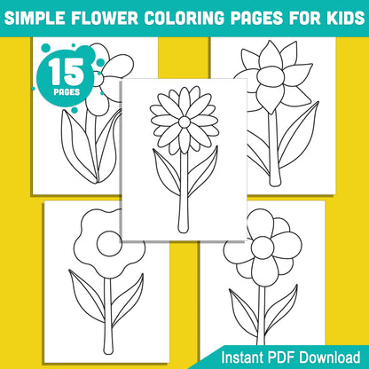 15 Simple Flower Coloring Pages for Kids: Fun and Engaging Designs, Ideal for Young Artists in Preschool and Kindergarten, Instant PDF Download