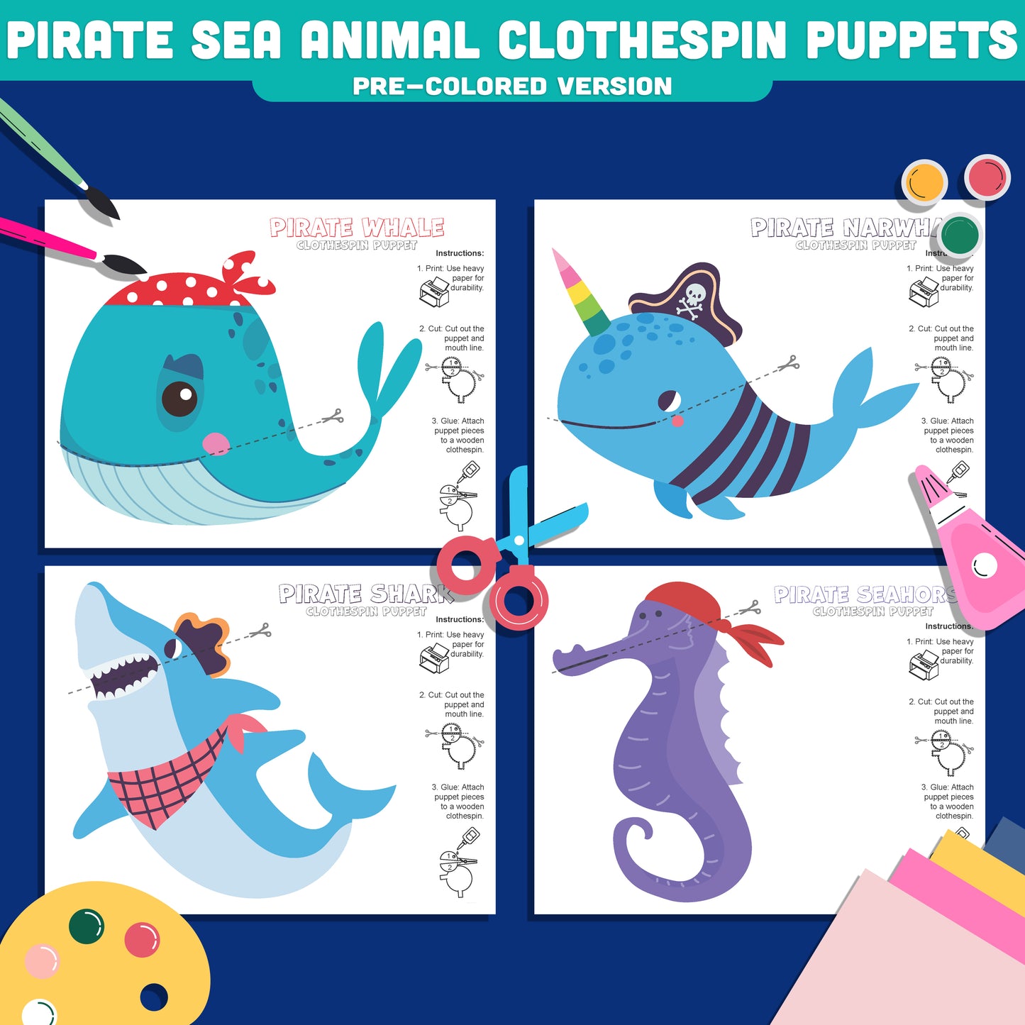 Pirate Sea Animal Clothespin Puppets, Ocean Friends Puppet Craft, Whale Narwhal Shark Seahorse Activity PDF