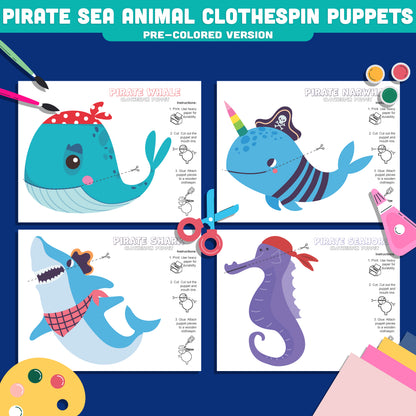 Pirate Sea Animal Clothespin Puppets, Ocean Friends Puppet Craft, Whale Narwhal Shark Seahorse Activity PDF